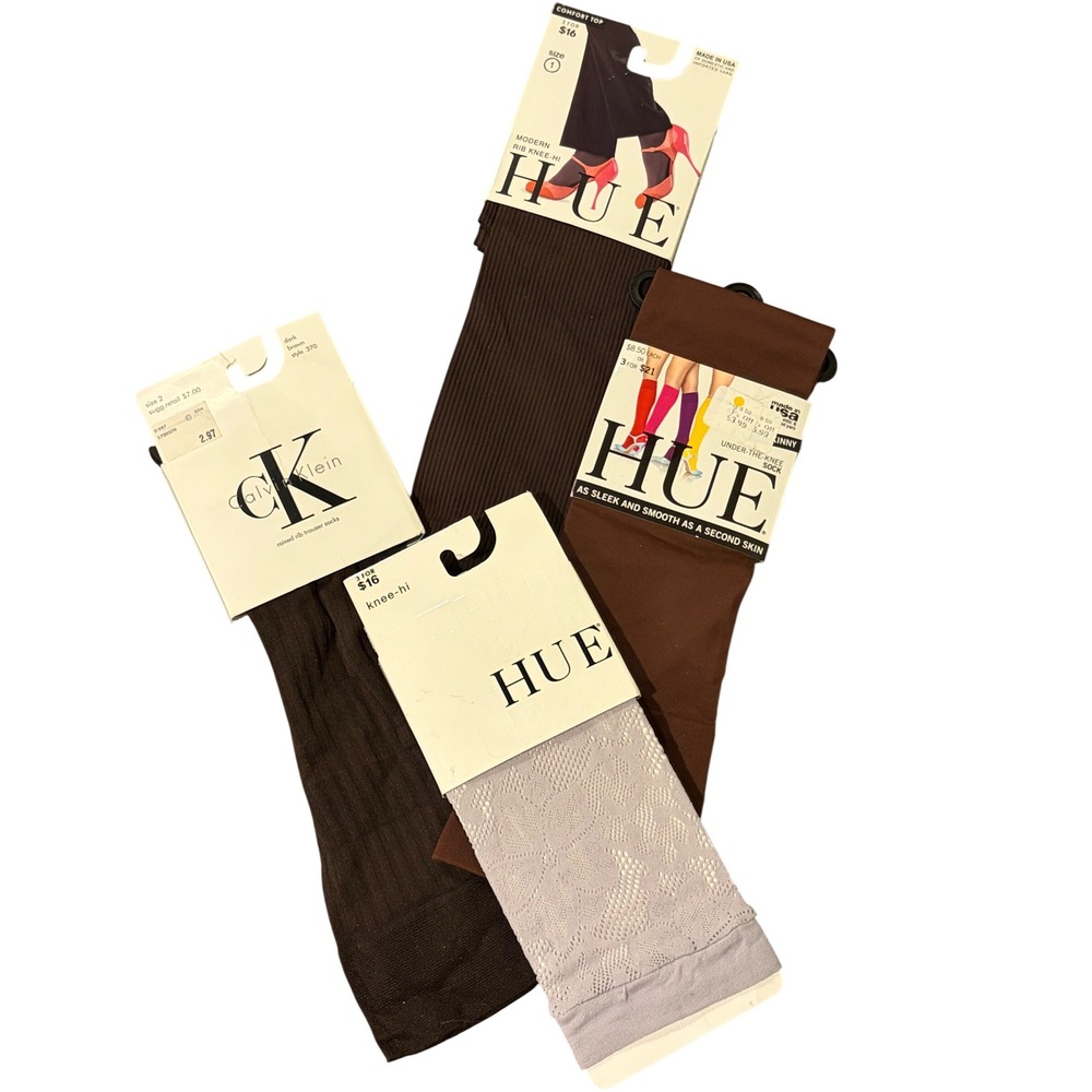 NWT HUE Calvin Klein Knee High Trouser Socks Bundle Brown Grey Floral Ribbed 4pk